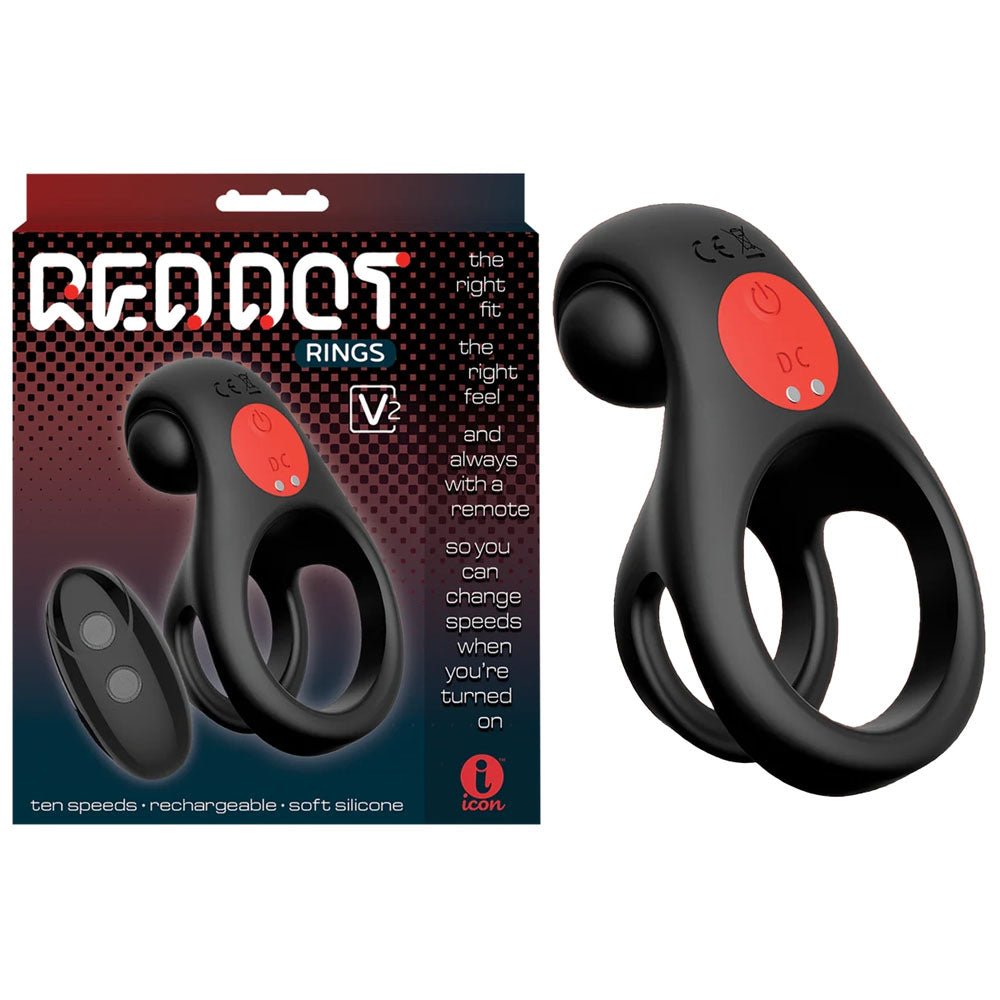 Red Dot Rings - V2 - Black USB Rechargeable Vibrating Cock & Ball Ring with Remote - silkandsin