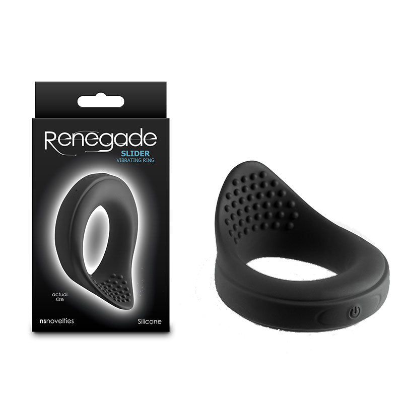 Renegade Slider - Black - Black USB Rechargeable Vibrating Cock Ring - Silk and Sin