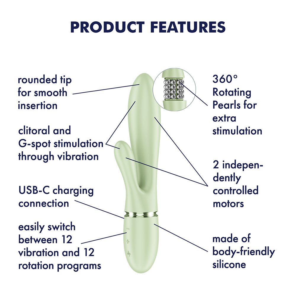Satisfyer Pearl Bunny 2 - Light Green - Light Green 21.5 cm USB-C Rechargeable Rabbit Vibrator - Silk and Sin