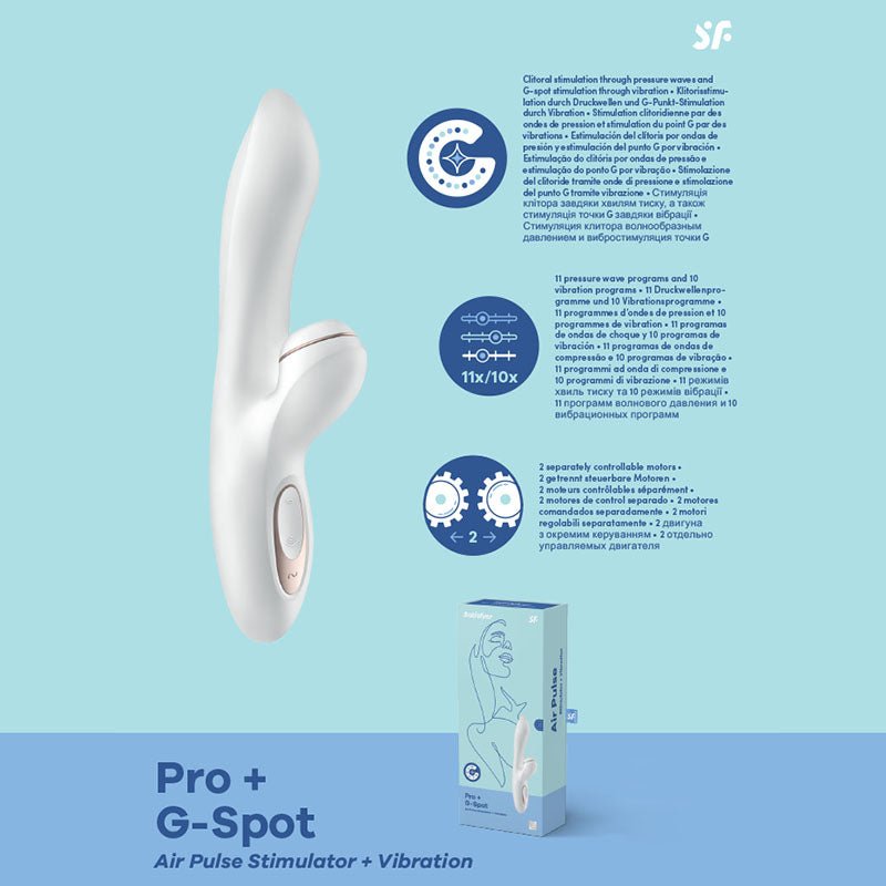 Satisfyer Pro + G - Spot - White 22 cm USB Rechargeable Rabbit Vibrator with Touch - Free Clitoral Stimulator - silkandsin