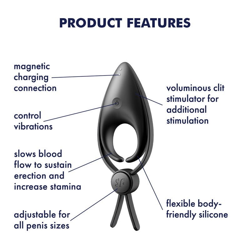 Satisfyer Sniper - Black - Black Vibrating Adjustable Lasso Cock Ring - silkandsin