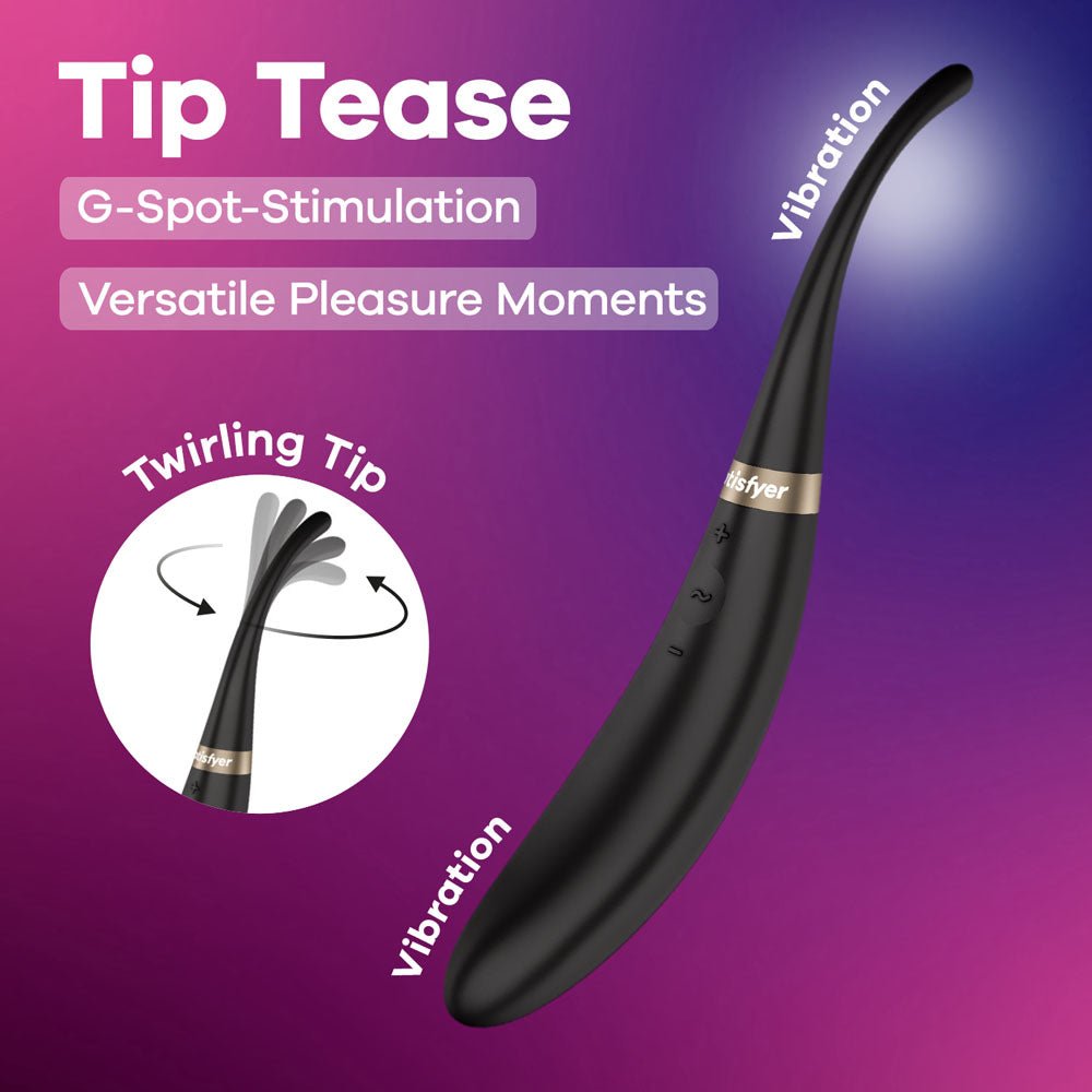 Satisfyer Tip Tease - Black - Black USB Rechargeable Vibrator with Twirling Tip - Silk and Sin