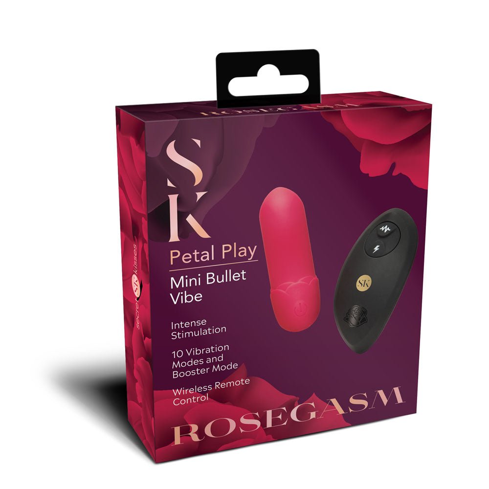 Secret Kisses ROSEGASM Petal Play Mini Bullet Vibe - Red 7.5 cm USB Rechargeable Bullet with Wireless Remote - Silk and Sin
