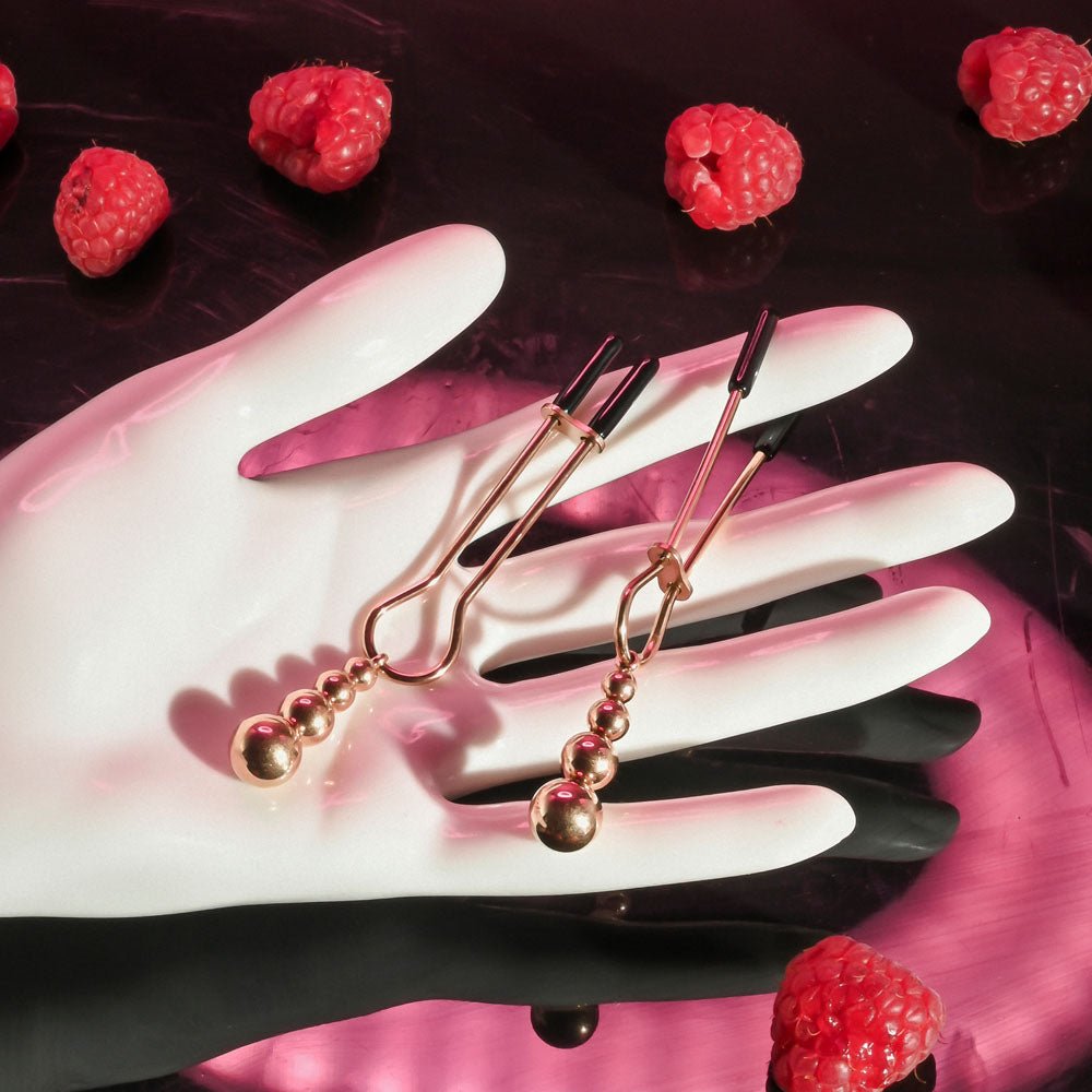 Selopa BEADED NIPPLE CLAMPS - Rose Gold - Rose Gold Nipple Clamps - Set of 2 - silkandsin