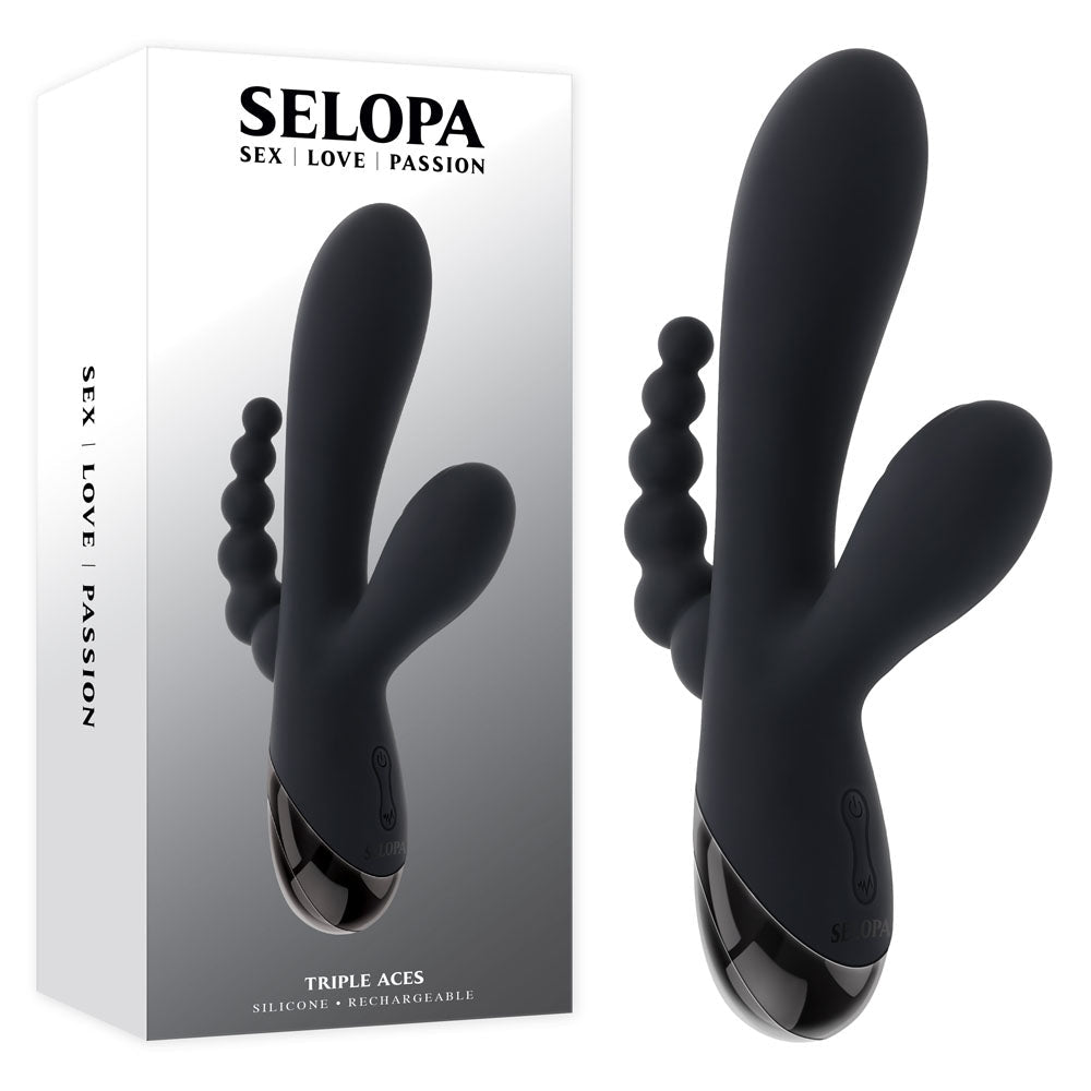Selopa TRIPLE ACES - Black 19.7 cm USB Rechargeable Triple Stimulator Vibrator - silkandsin