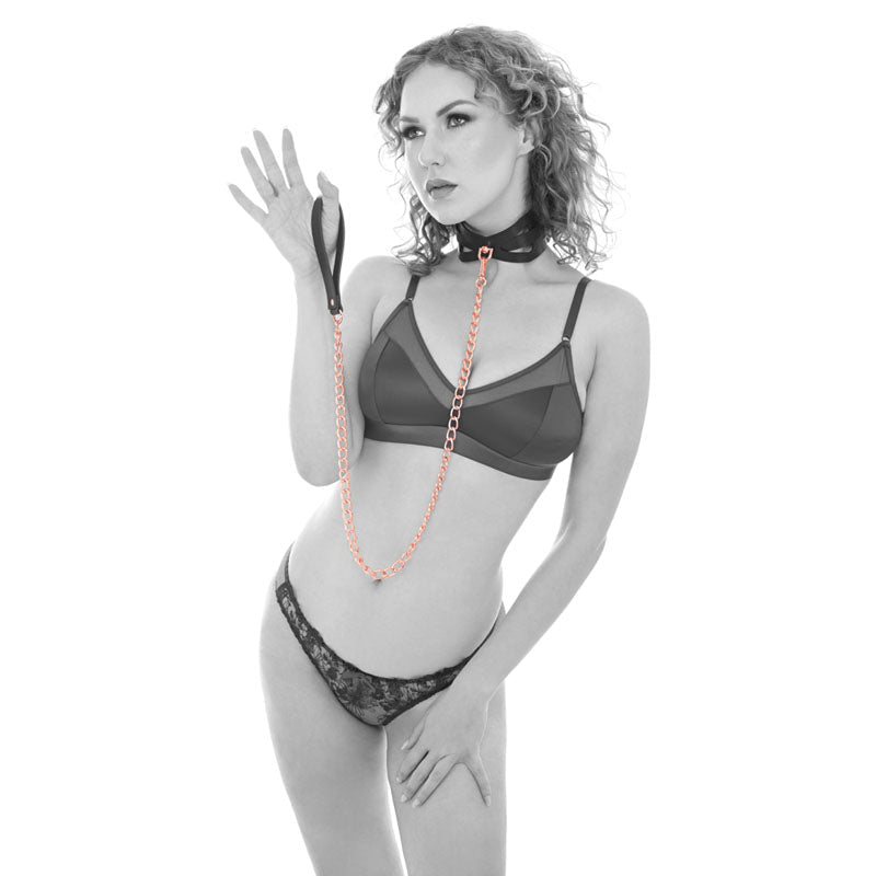 Sex & Mischief Brat Collar & Leash - Rose Gold/Black Restraint - silkandsin