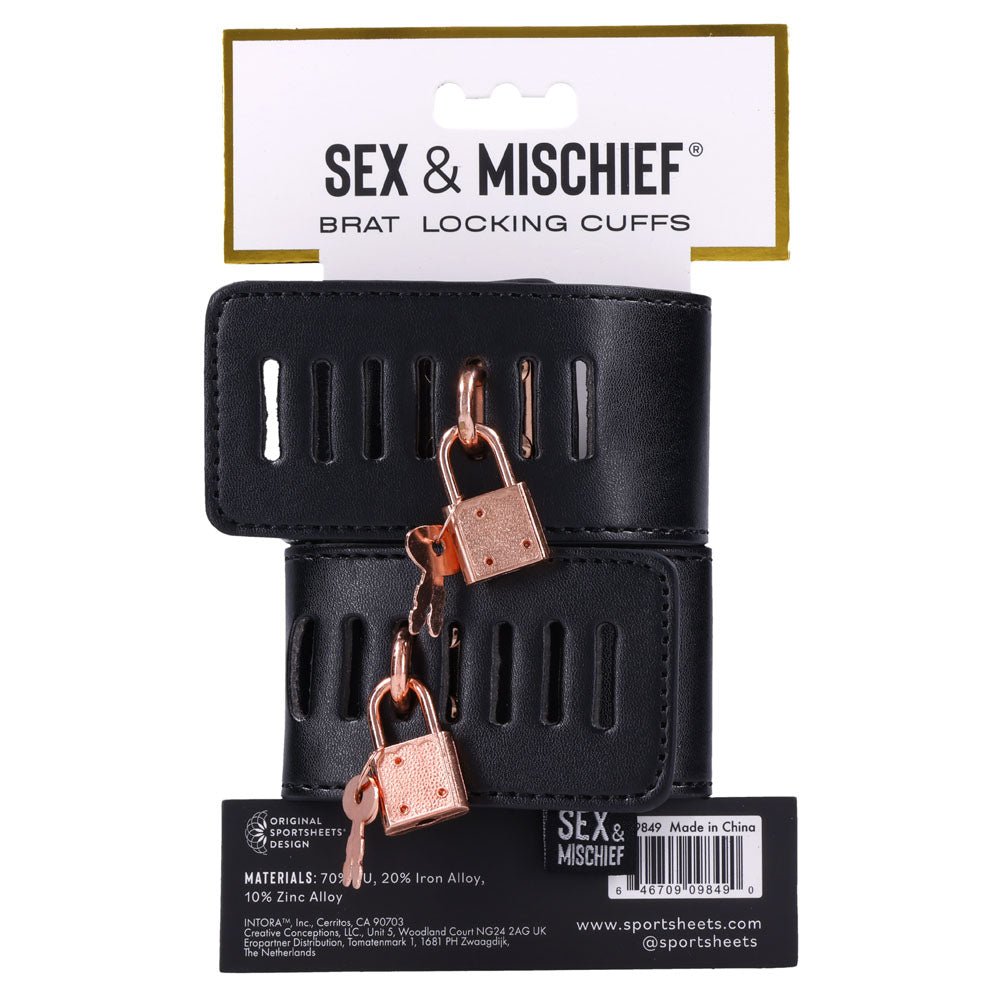 Sex & Mischief Brat Locking Cuffs - Black/Rose Gold Hand Cuffs - silkandsin