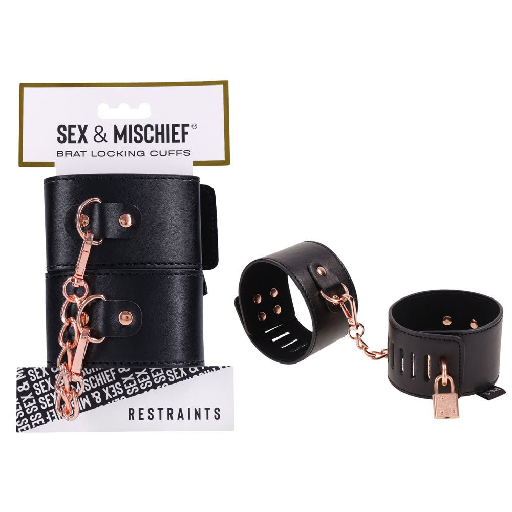 Sex & Mischief Brat Locking Cuffs - Black/Rose Gold Hand Cuffs - silkandsin