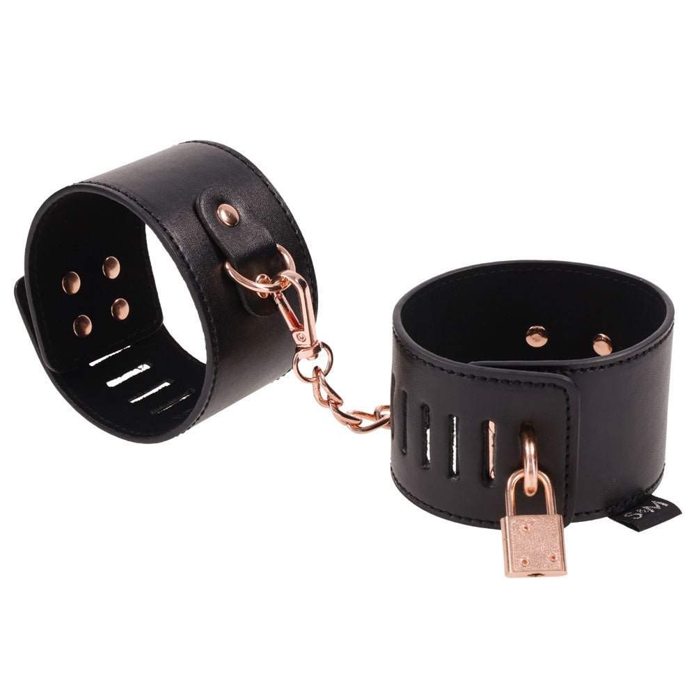 Sex & Mischief Brat Locking Cuffs - Black/Rose Gold Hand Cuffs - silkandsin