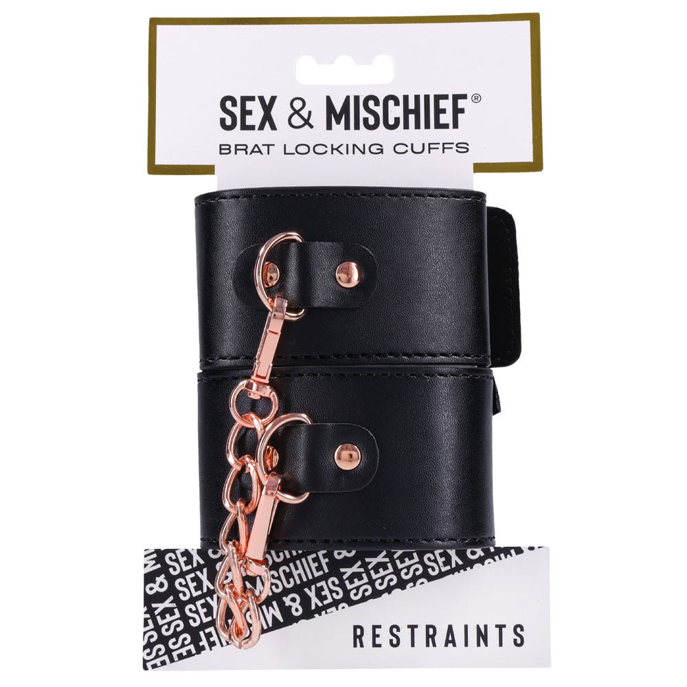 Sex & Mischief Brat Locking Cuffs - Black/Rose Gold Hand Cuffs - silkandsin