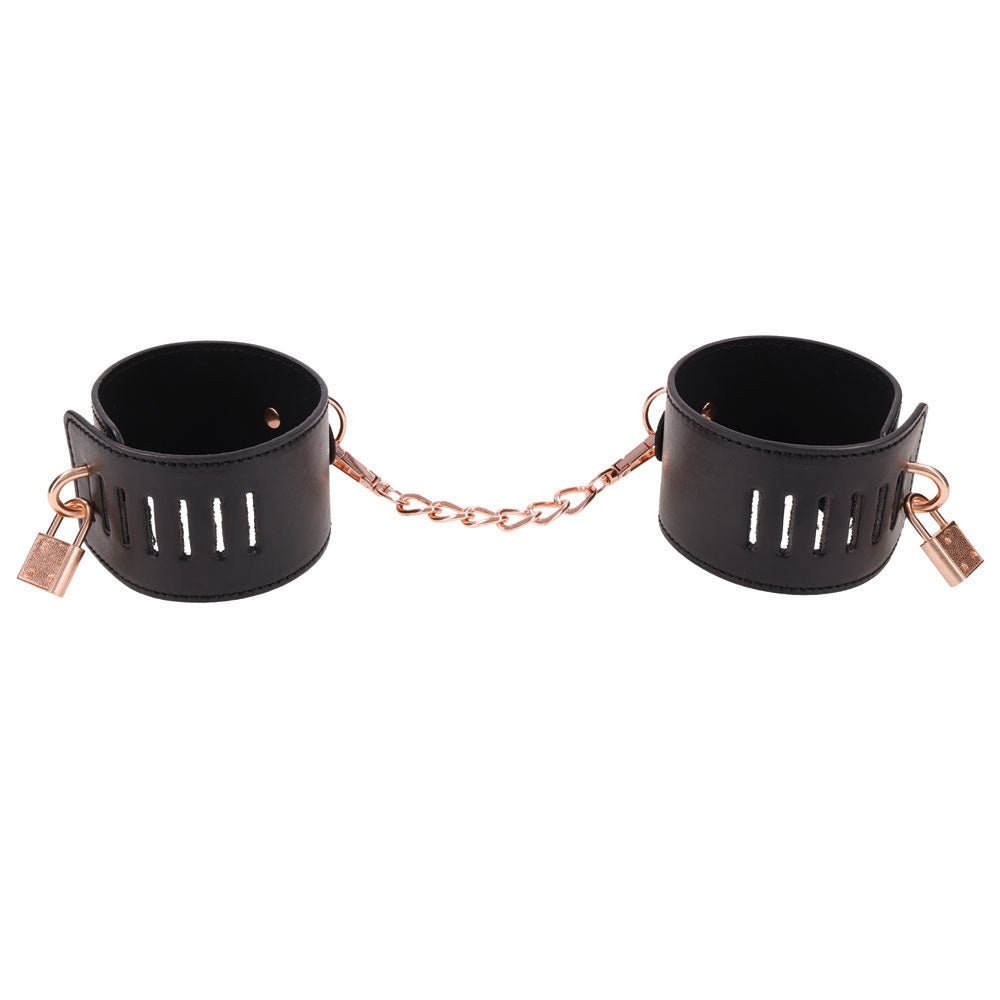 Sex & Mischief Brat Locking Cuffs - Black/Rose Gold Hand Cuffs - silkandsin