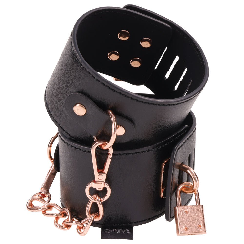 Sex & Mischief Brat Locking Cuffs - Black/Rose Gold Hand Cuffs - silkandsin