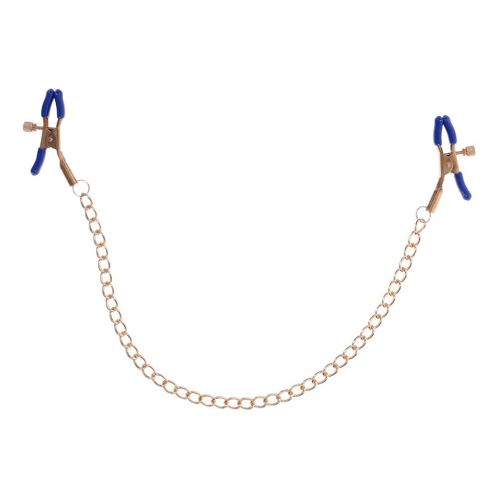 Sex & Mischief Cougar Chained Nipple Clamps - Gold Nipple Clamps with Cougar Chain - silkandsin