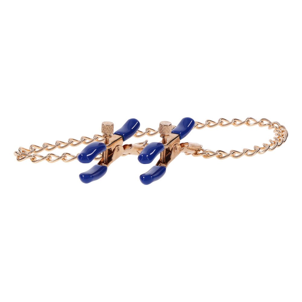 Sex & Mischief Cougar Chained Nipple Clamps - Gold Nipple Clamps with Cougar Chain - silkandsin