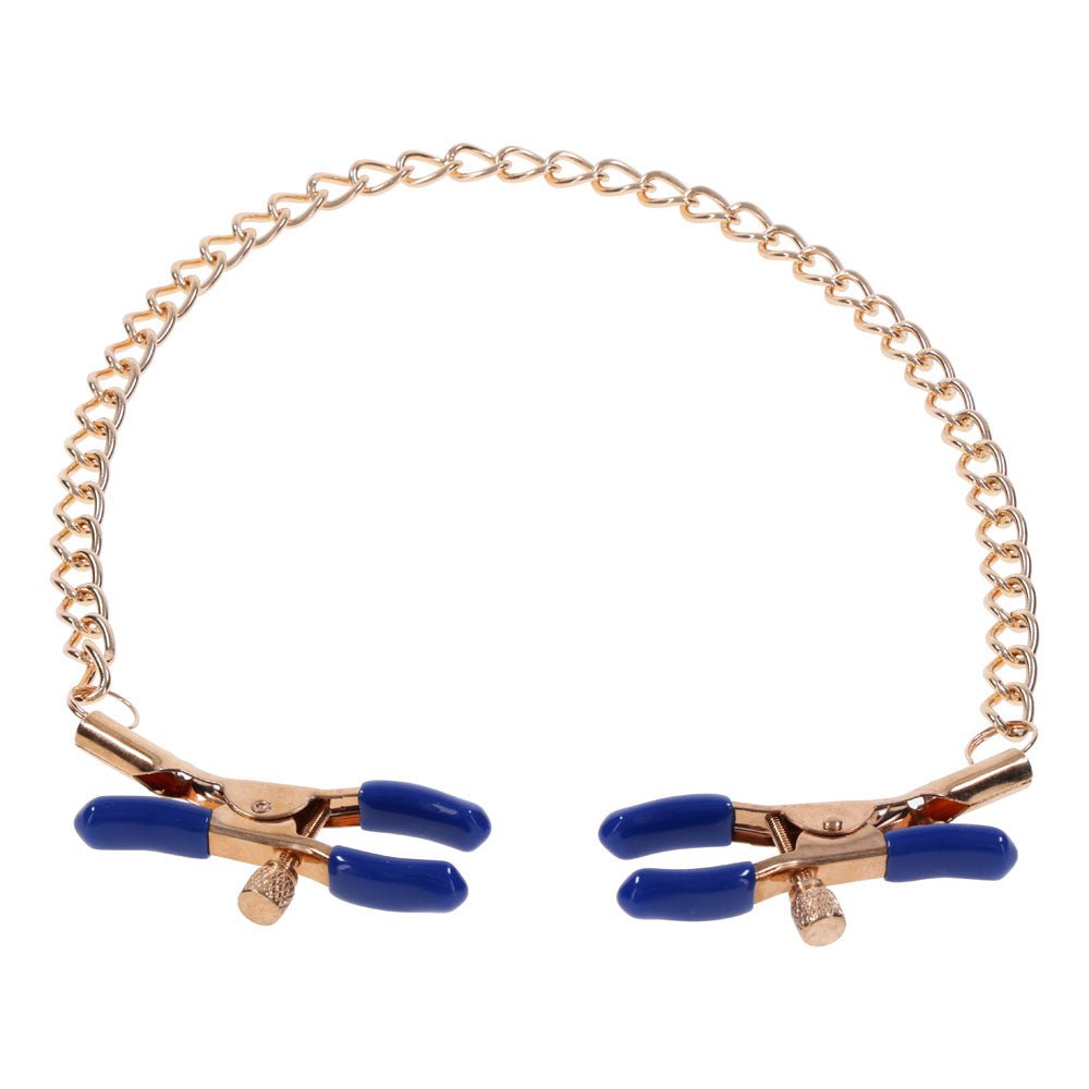 Sex & Mischief Cougar Chained Nipple Clamps - Gold Nipple Clamps with Cougar Chain - silkandsin