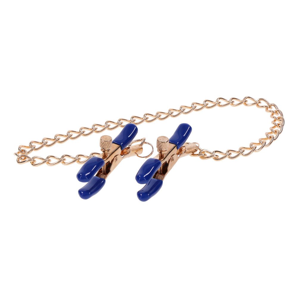 Sex & Mischief Cougar Chained Nipple Clamps - Gold Nipple Clamps with Cougar Chain - silkandsin