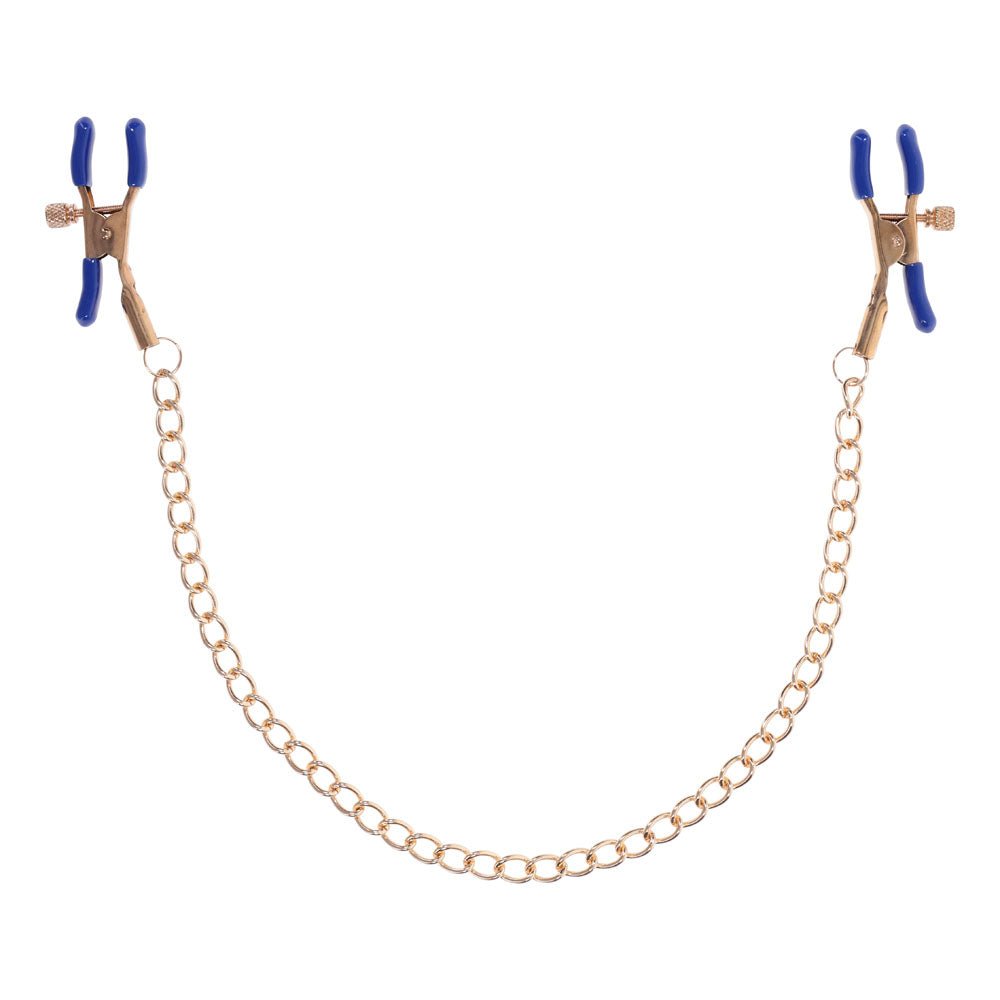 Sex & Mischief Cougar Chained Nipple Clamps - Gold Nipple Clamps with Cougar Chain - silkandsin
