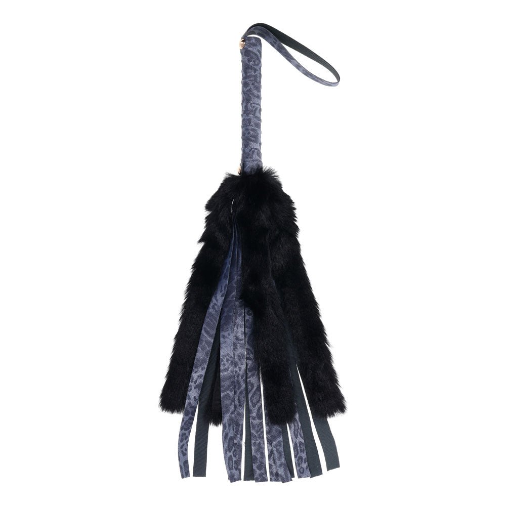 Sex & Mischief Cougar Faux Fur Flogger - Navy Blue/Black Furry Flogger Whip - silkandsin