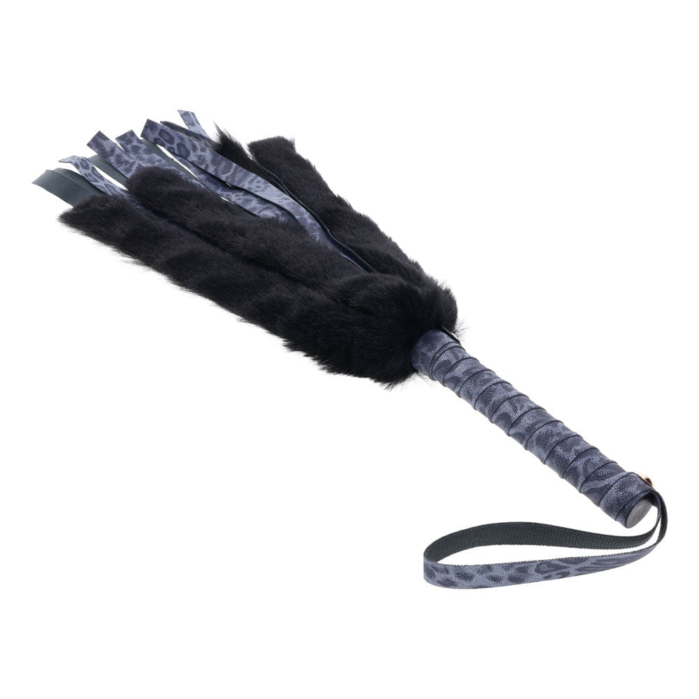 Sex & Mischief Cougar Faux Fur Flogger - Navy Blue/Black Furry Flogger Whip - silkandsin