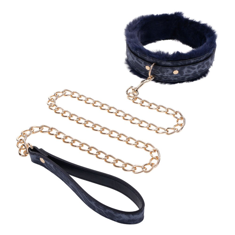 Sex & Mischief Cougar Fur Collar & Leash - Navy Blue/Gold Furry Restraint - Silk and Sin