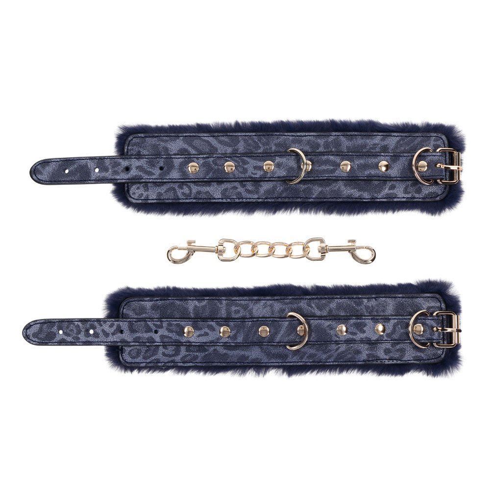 Sex & Mischief Cougar Fur Handcuffs - Navy Blue/Gold Furry Restraints - Silk and Sin