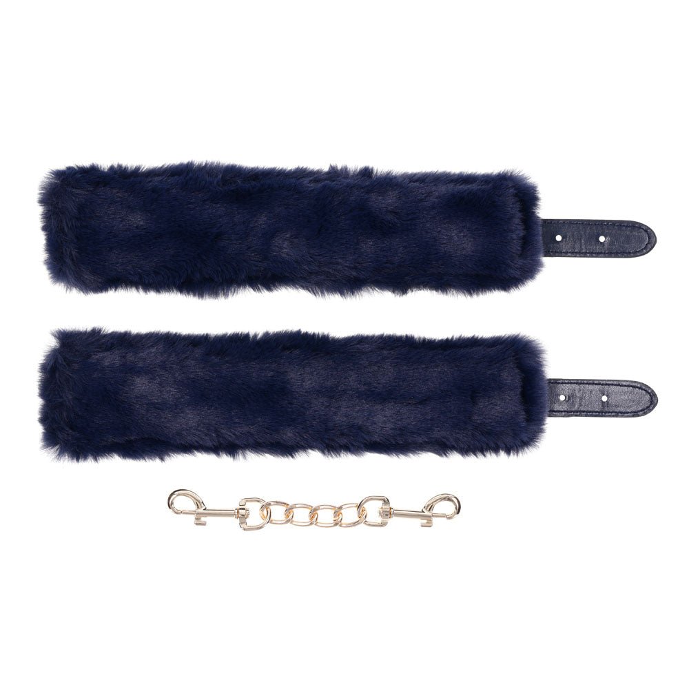 Sex & Mischief Cougar Fur Handcuffs - Navy Blue/Gold Furry Restraints - Silk and Sin