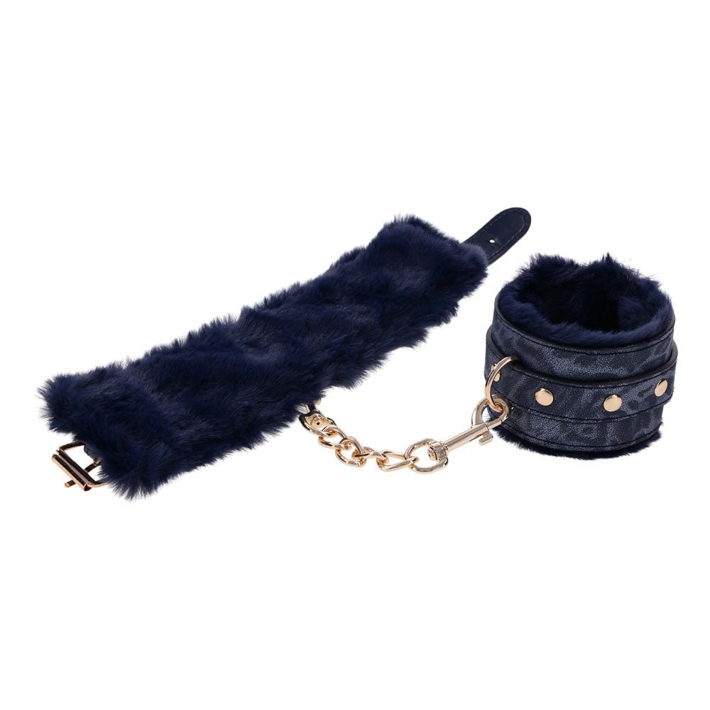 Sex & Mischief Cougar Fur Handcuffs - Navy Blue/Gold Furry Restraints - Silk and Sin
