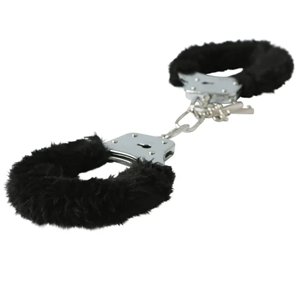 Sex & Mischief Furry Handcuffs - Black - Black Restraints - silkandsin