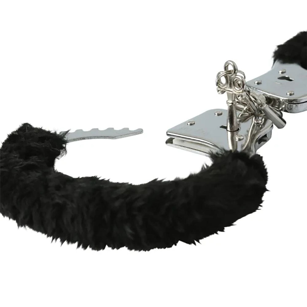 Sex & Mischief Furry Handcuffs - Black - Black Restraints - silkandsin