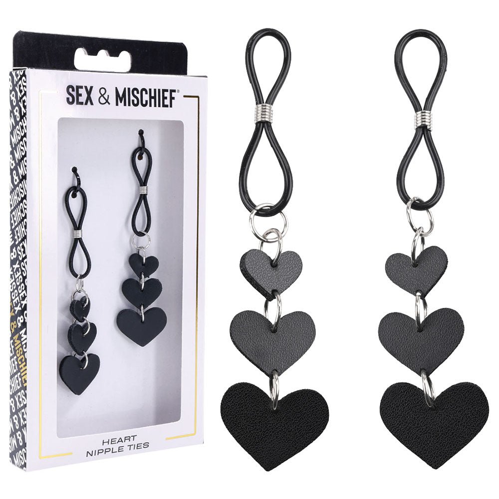 Sex & Mischief Heart Nipple Ties - Black Nipple Restraints - Set of 2 - silkandsin