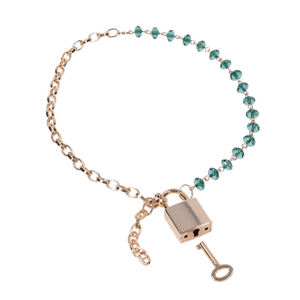 Sex & Mischief Indica Crystal Day Collar - Gold/Emerald Lockable Collar - silkandsin