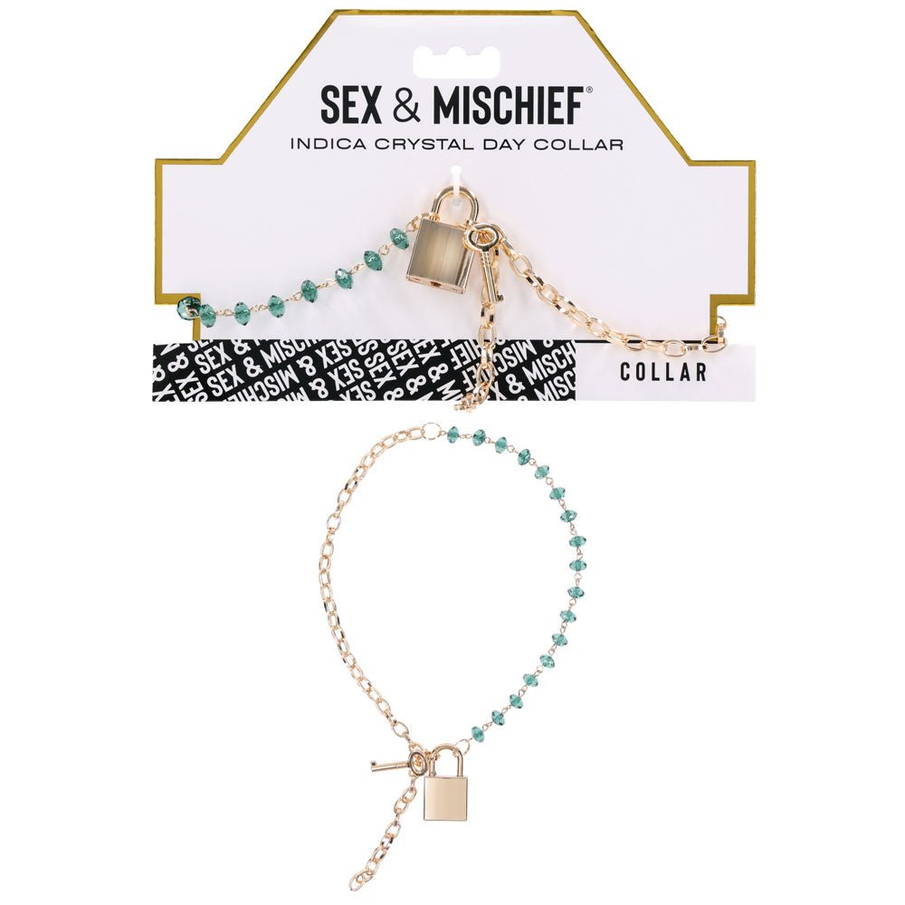 Sex & Mischief Indica Crystal Day Collar - Gold/Emerald Lockable Collar - silkandsin