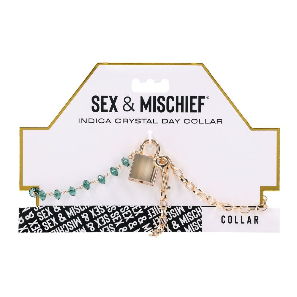 Sex & Mischief Indica Crystal Day Collar - Gold/Emerald Lockable Collar - silkandsin