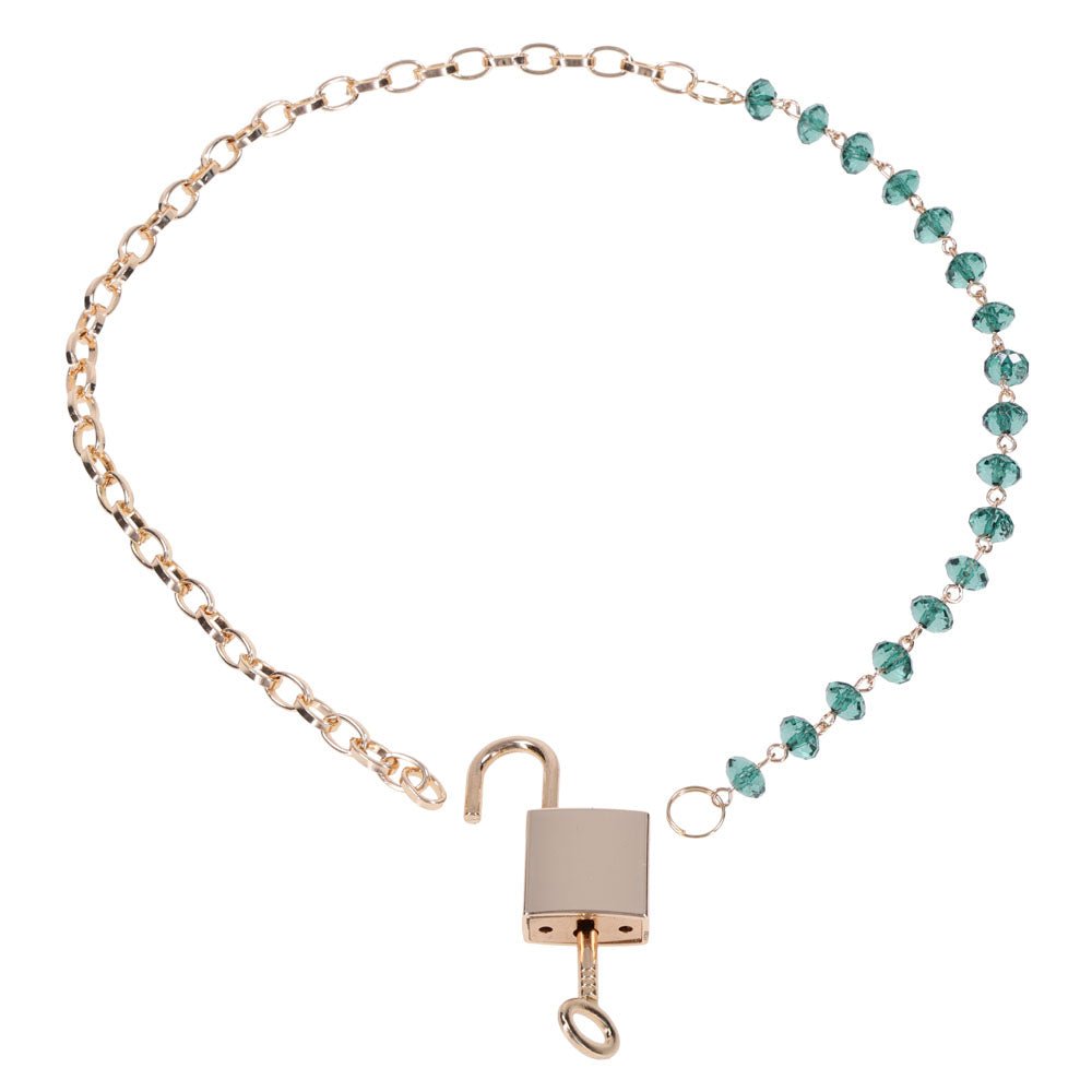 Sex & Mischief Indica Crystal Day Collar - Gold/Emerald Lockable Collar - silkandsin