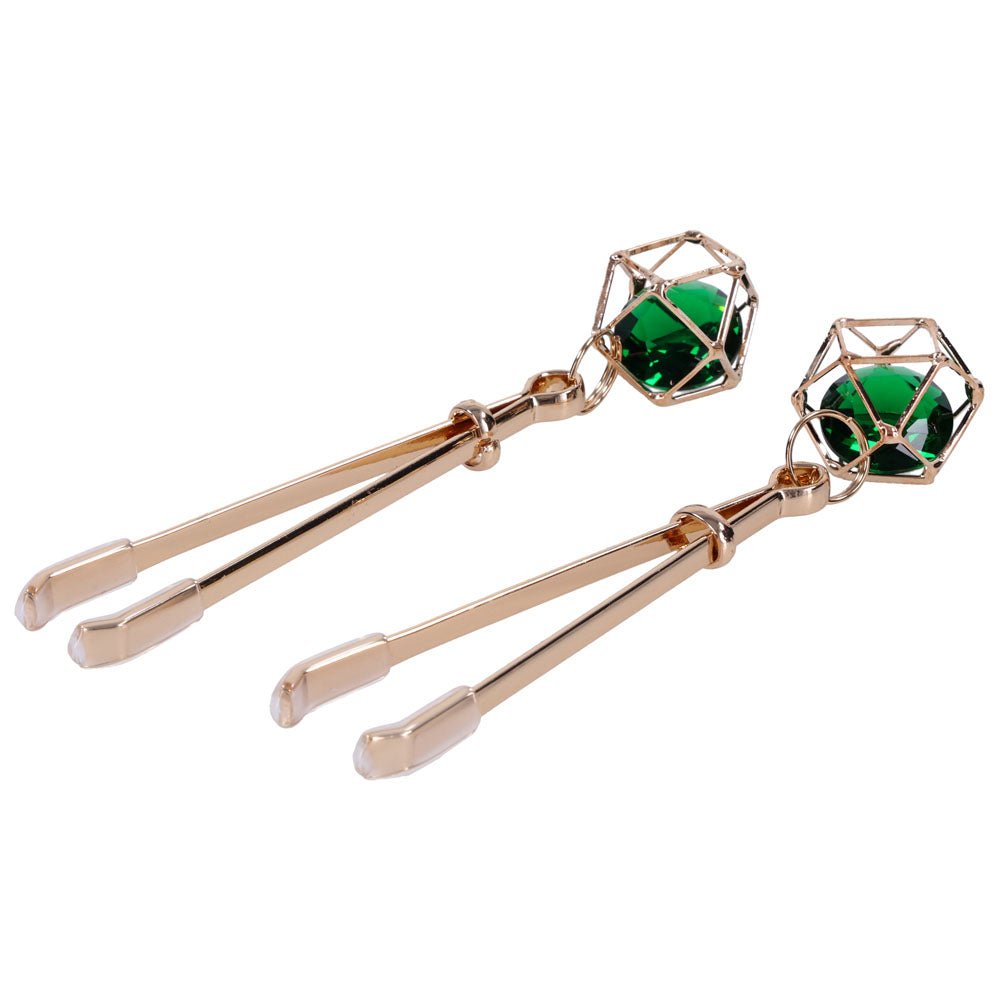 Sex & Mischief Indica Crystal Nipple Clips - Gold Nipple Clips with Emerald Gems - Silk and Sin