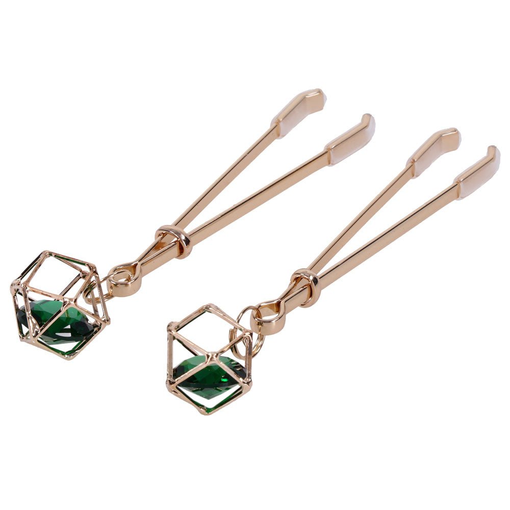 Sex & Mischief Indica Crystal Nipple Clips - Gold Nipple Clips with Emerald Gems - Silk and Sin