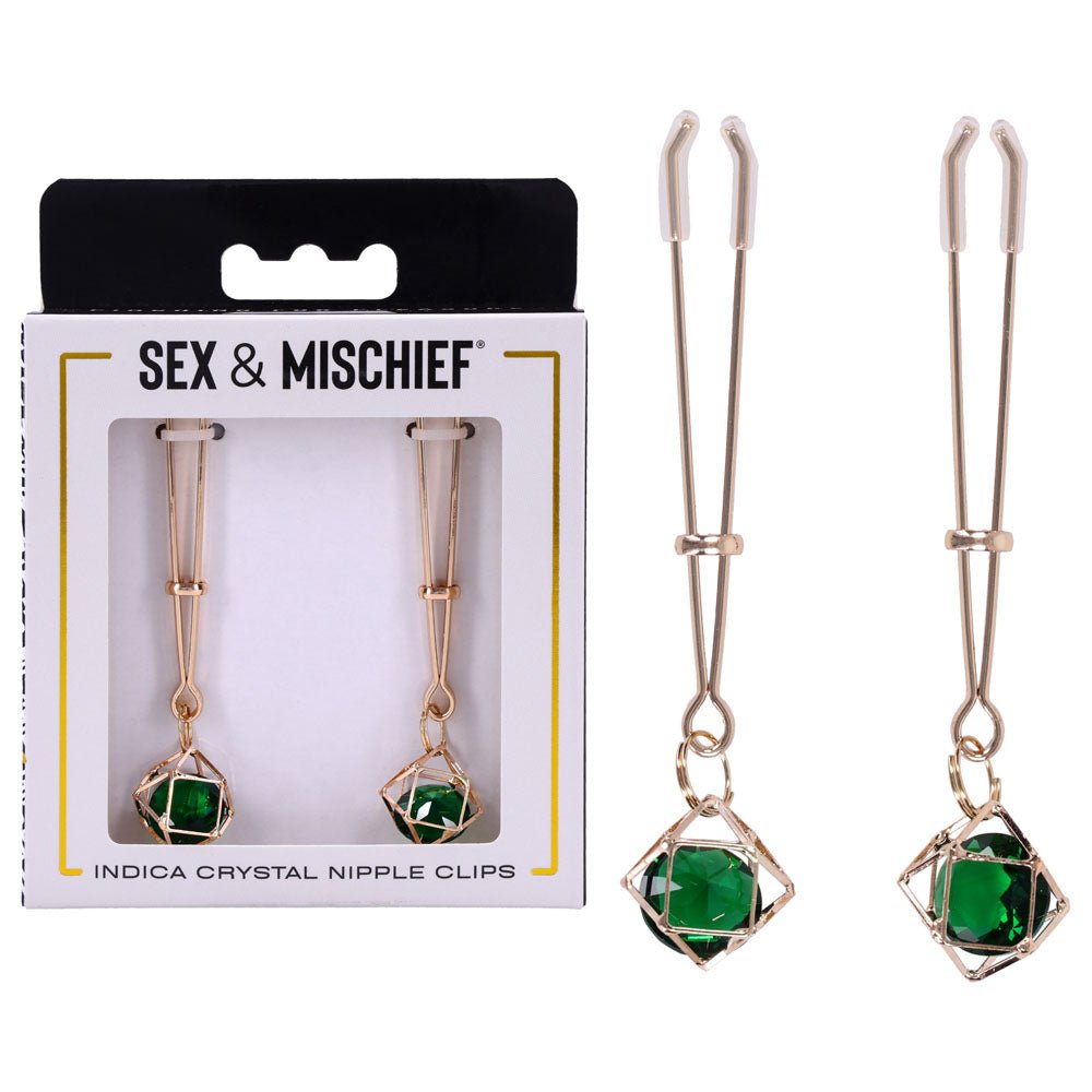 Sex & Mischief Indica Crystal Nipple Clips - Gold Nipple Clips with Emerald Gems - Silk and Sin