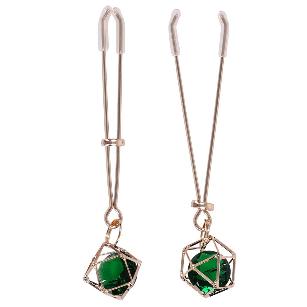 Sex & Mischief Indica Crystal Nipple Clips - Gold Nipple Clips with Emerald Gems - Silk and Sin