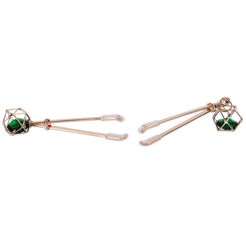 Sex & Mischief Indica Crystal Nipple Clips - Gold Nipple Clips with Emerald Gems - Silk and Sin
