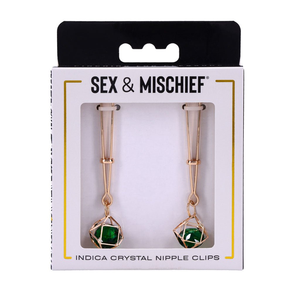 Sex & Mischief Indica Crystal Nipple Clips - Gold Nipple Clips with Emerald Gems - Silk and Sin