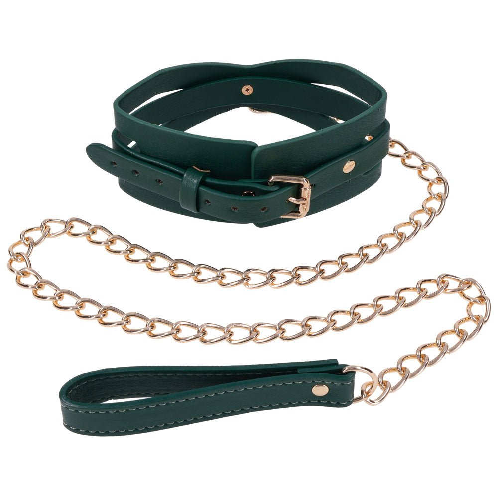 Sex & Mischief Indica Cutout Collar and Leash - Green/Gold Restraint - Silk and Sin