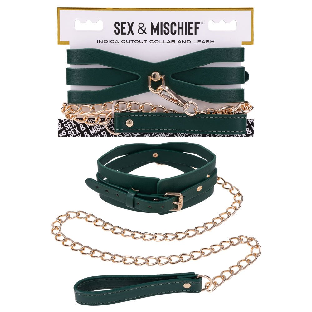 Sex & Mischief Indica Cutout Collar and Leash - Green/Gold Restraint - Silk and Sin