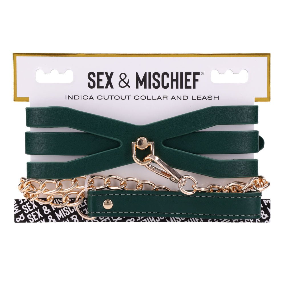 Sex & Mischief Indica Cutout Collar and Leash - Green/Gold Restraint - Silk and Sin