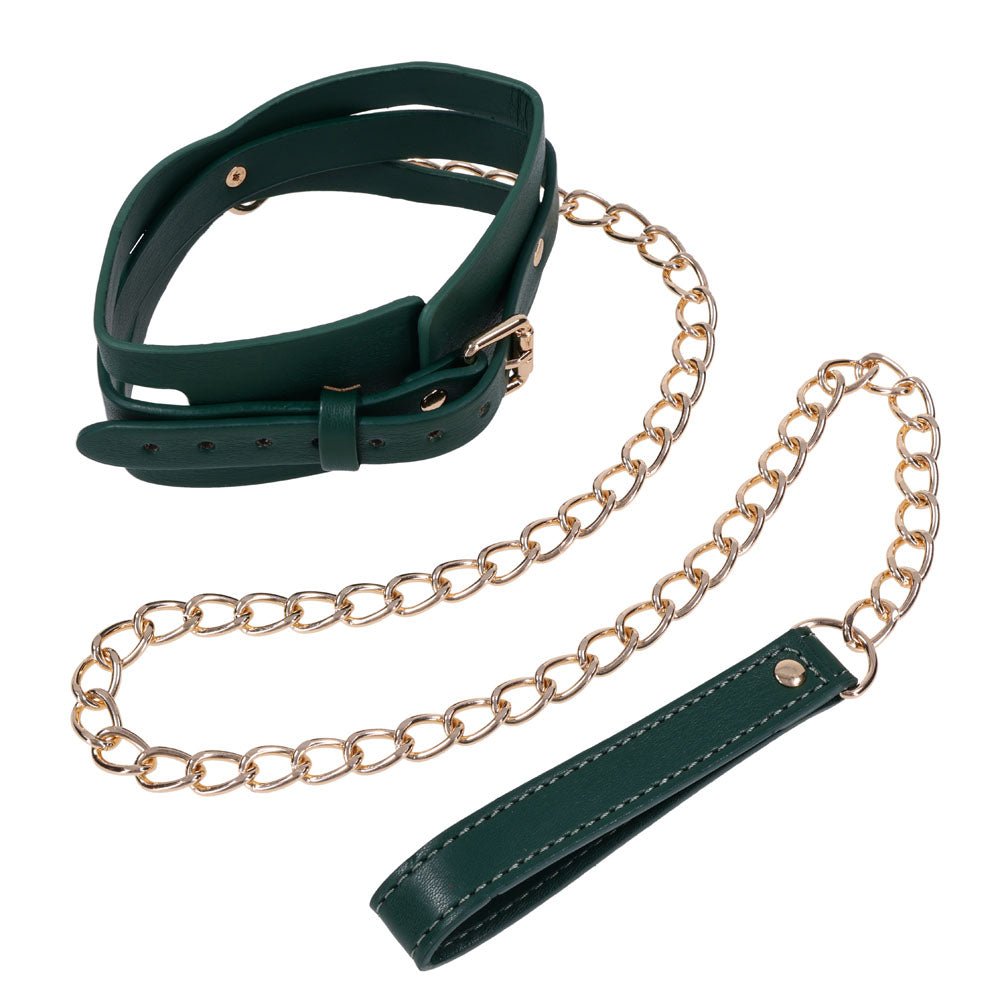 Sex & Mischief Indica Cutout Collar and Leash - Green/Gold Restraint - Silk and Sin