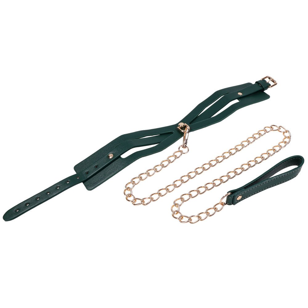 Sex & Mischief Indica Cutout Collar and Leash - Green/Gold Restraint - Silk and Sin