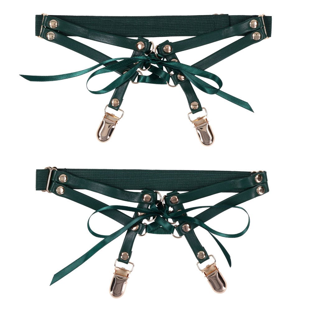 Sex & Mischief Indica Laced Up Garters - Green/Gold Garters - Set of 2 - silkandsin