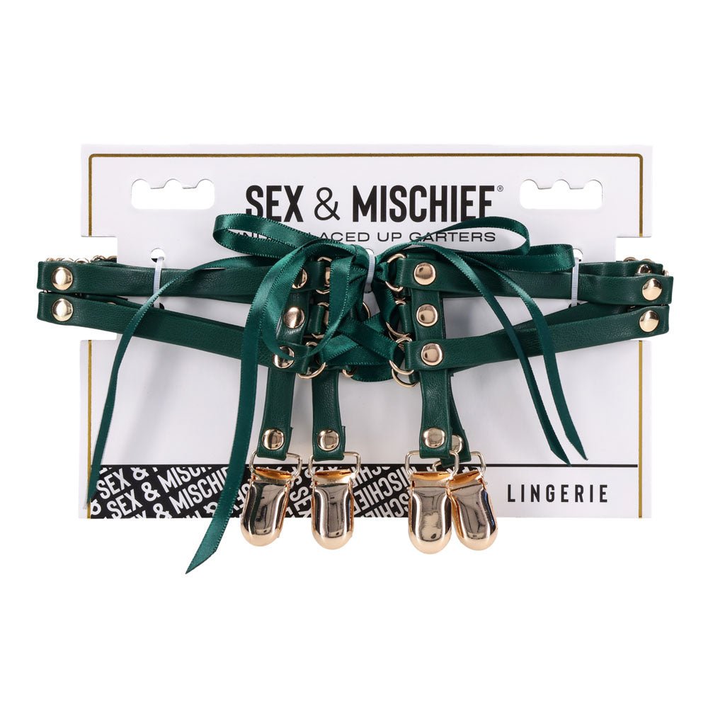 Sex & Mischief Indica Laced Up Garters - Green/Gold Garters - Set of 2 - silkandsin