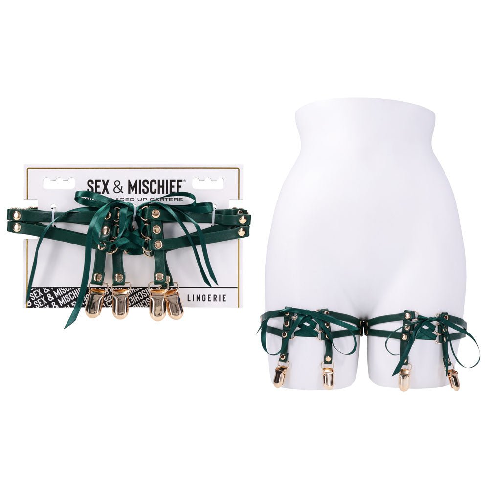 Sex & Mischief Indica Laced Up Garters - Green/Gold Garters - Set of 2 - silkandsin
