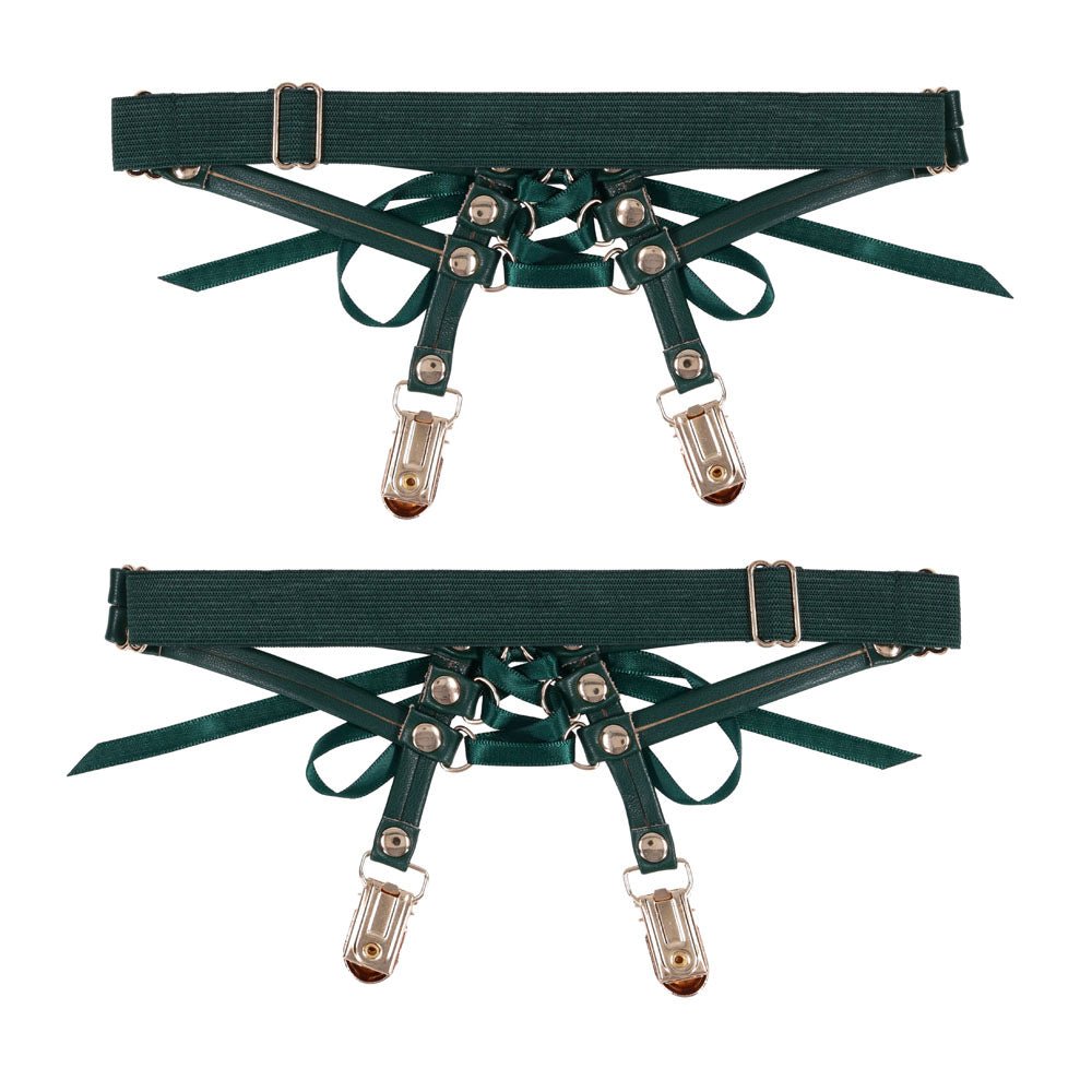 Sex & Mischief Indica Laced Up Garters - Green/Gold Garters - Set of 2 - silkandsin