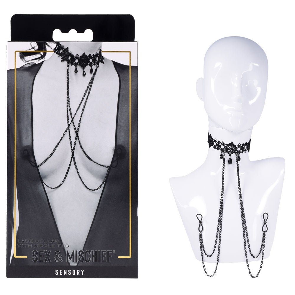 Sex & Mischief Lace Collar with Nipple Ties - Black Neck and Nipple Restraints - Silk and Sin